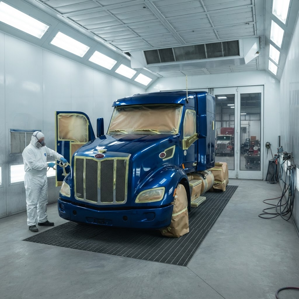 Freshly repainted semi truck cab in a downdraft paint booth at Big Rig Garage