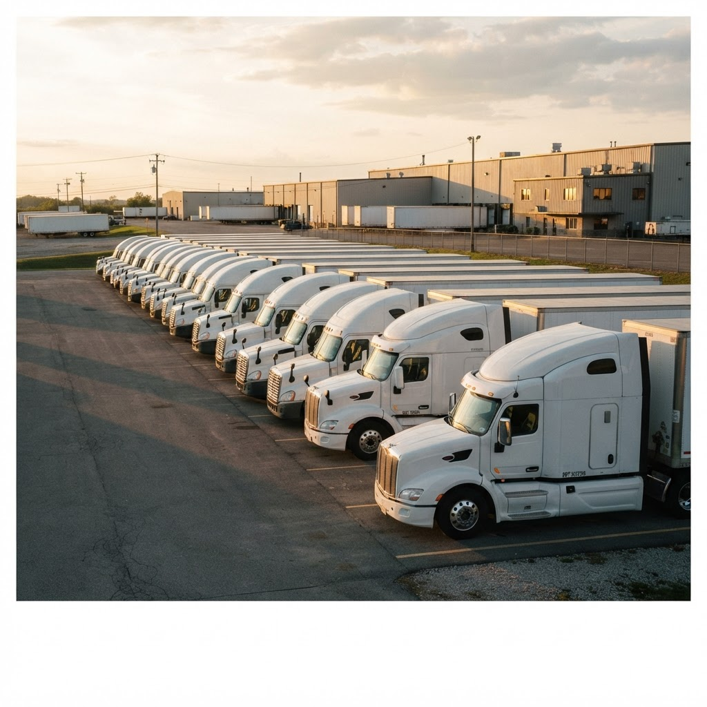 A lineup of commercial semi trucks in a carrier's yard at golden hour