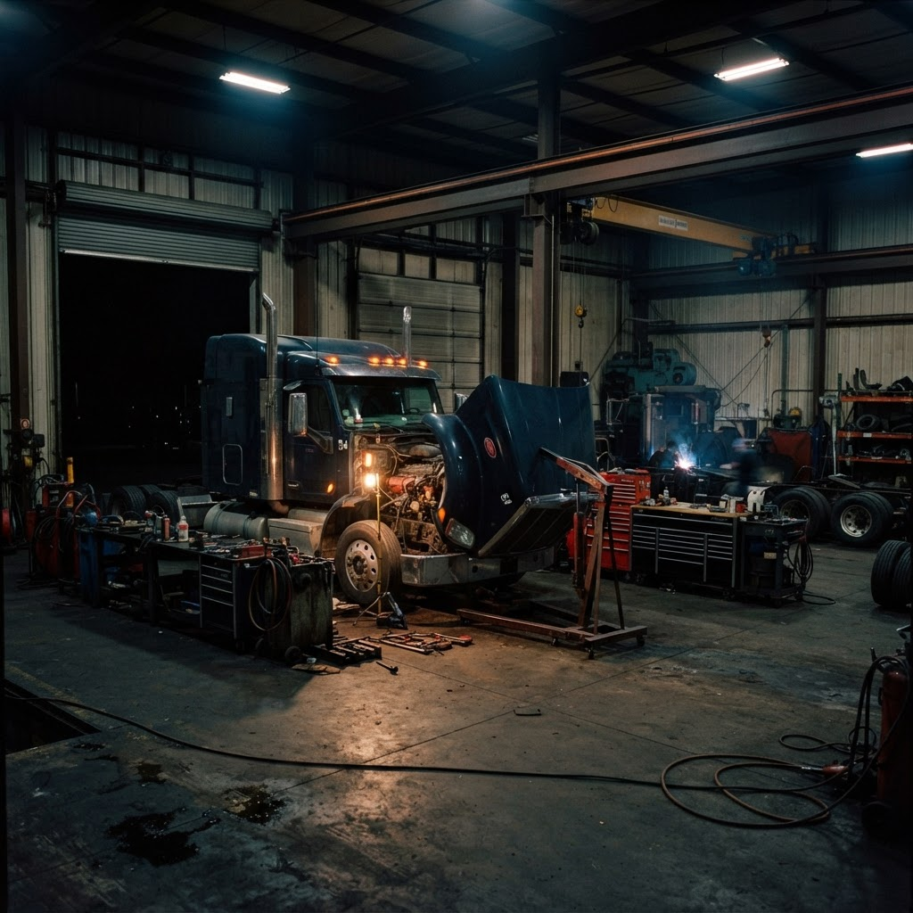 Class 8 semi truck in a Big Rig Garage service bay with the hood up