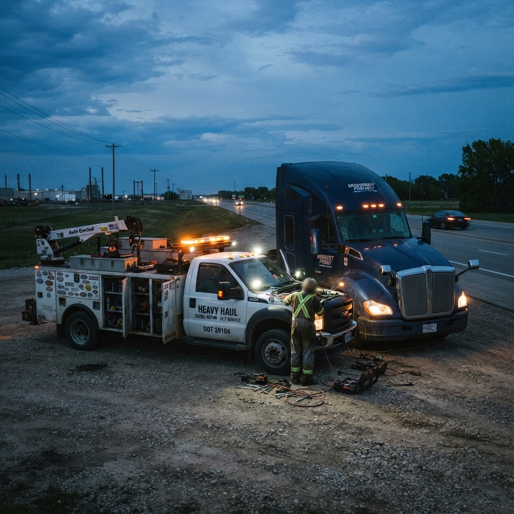 Big Rig Garage mobile service truck beside a semi at dusk
